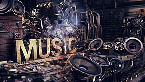 Steampunk Industrial Music Scene With Brass Speakers, Gears, and Smoke HD wallpaper