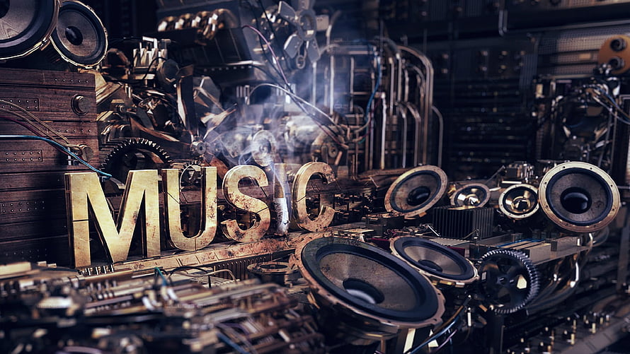 Steampunk Industrial Music Scene With Brass Speakers, Gears, and Smoke HD wallpaper