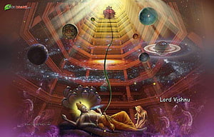 Lord Vishnu Reclining on Cosmic Lotus with Planets and Celestial Architecture HD wallpaper
