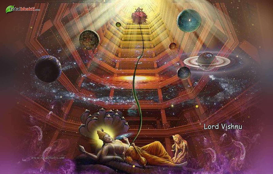 Lord Vishnu Reclining on Cosmic Lotus with Planets and Celestial Architecture HD wallpaper