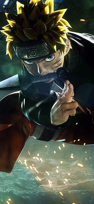 Naruto Uzumaki in Combat Stance with Kunai and Spinning Embers HD phone wallpaper