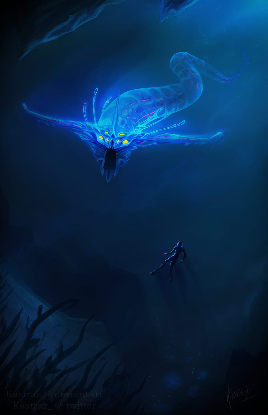 Ghost Leviathan from Subnautica in Deep Ocean Abyss with Diver HD phone wallpaper
