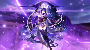 Raiden Shogun wielding her katana in a mystical purple storm with cherry blossoms and a torii gate HD wallpaper