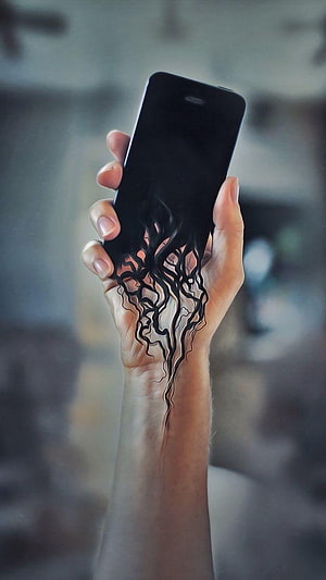 Hand Holding Smartphone With Dark Ink Dripping Down Wrist Concept Art HD phone wallpaper