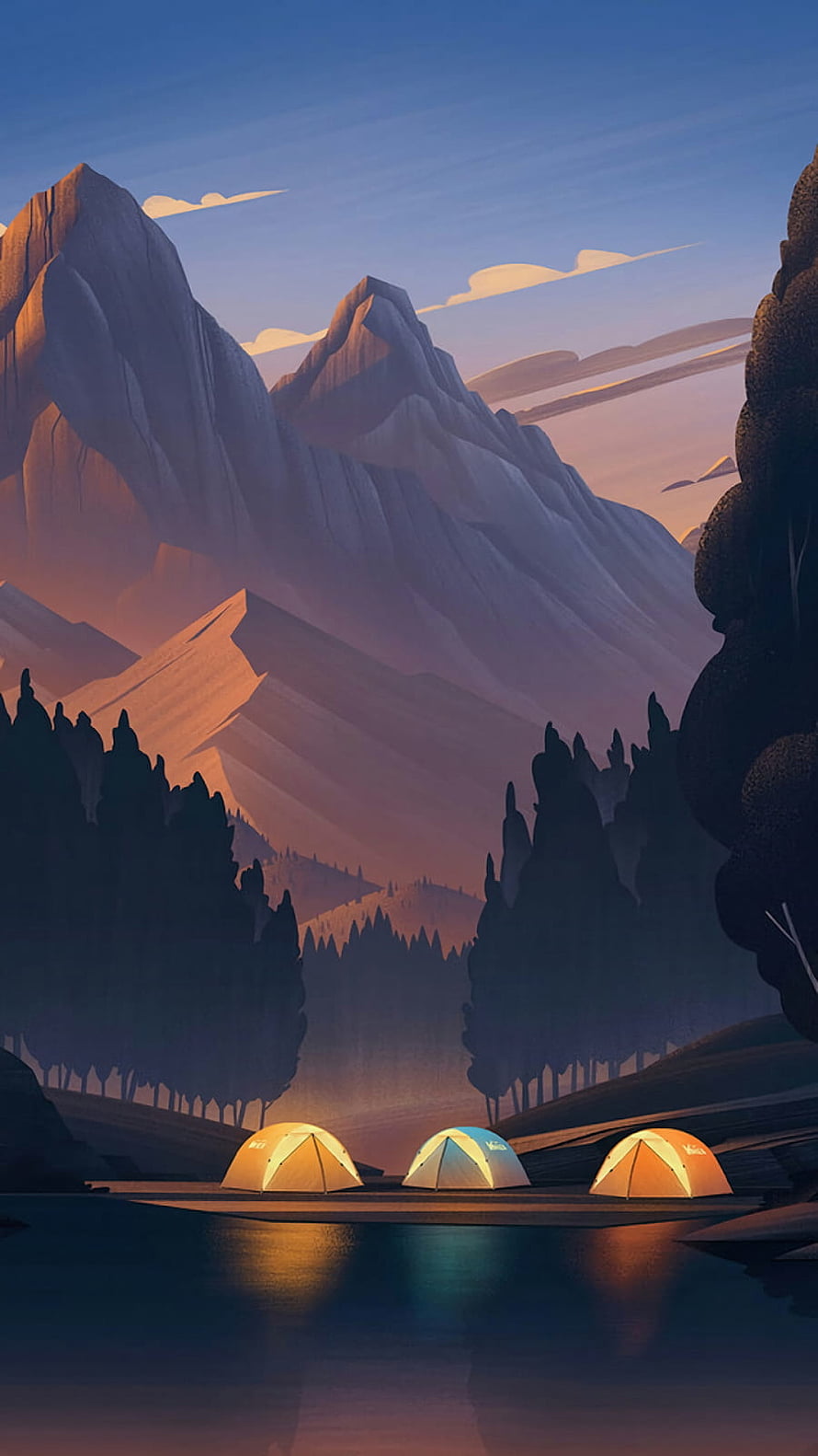 Stylized Mountain Campsite at Dusk with Glowing Tents and Forest Silhouettes HD phone wallpaper