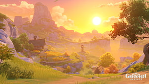 Genshin Impact Serene Mountain Village at Golden Sunset with Traditional Architecture HD wallpaper