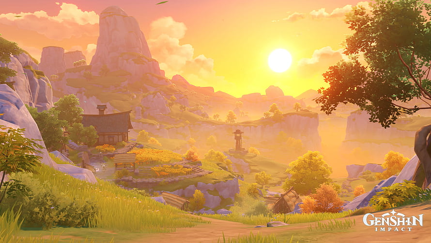 Genshin Impact Serene Mountain Village at Golden Sunset with Traditional Architecture HD wallpaper