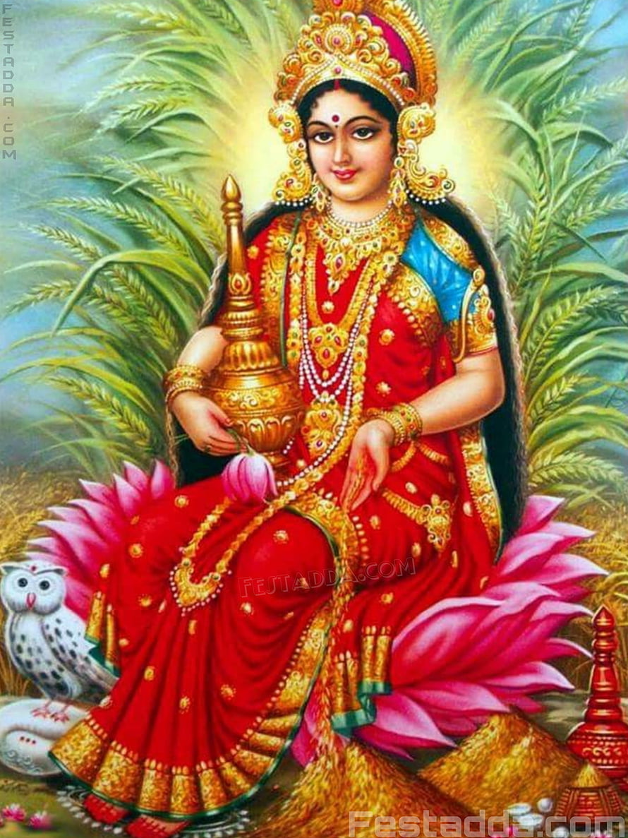 Maa Lakshmi Seated on Lotus with Kalash and Owl in Traditional Indian Painting HD phone wallpaper