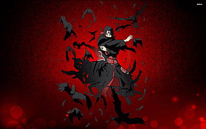 Itachi Uchiha in Akatsuki Cloak Surrounded by Crows on Dark Red Background HD wallpaper