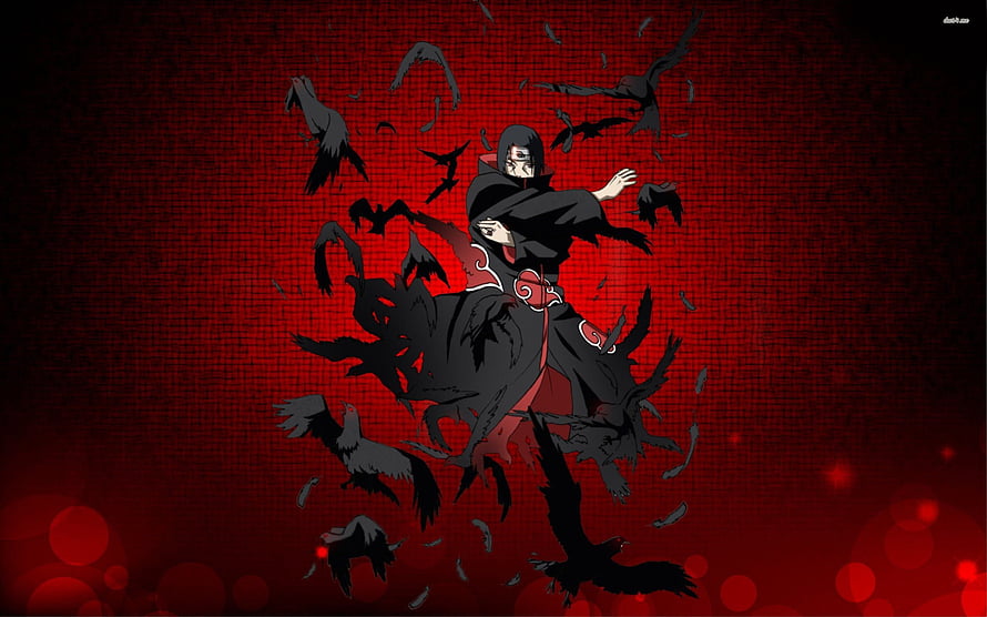 Itachi Uchiha in Akatsuki Cloak Surrounded by Crows on Dark Red Background HD wallpaper