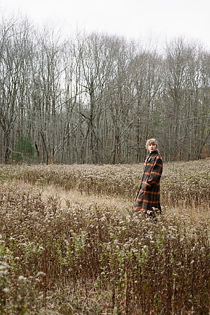 Taylor Swift in a plaid coat standing in a dry autumn field with bare trees HD phone wallpaper