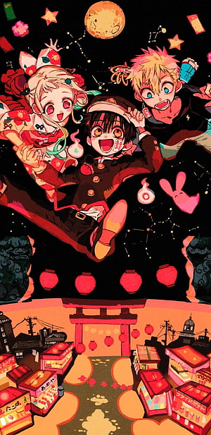 Hanako-kun, Nene, and Aoi Floating Above a Vibrant Japanese Night Market HD phone wallpaper