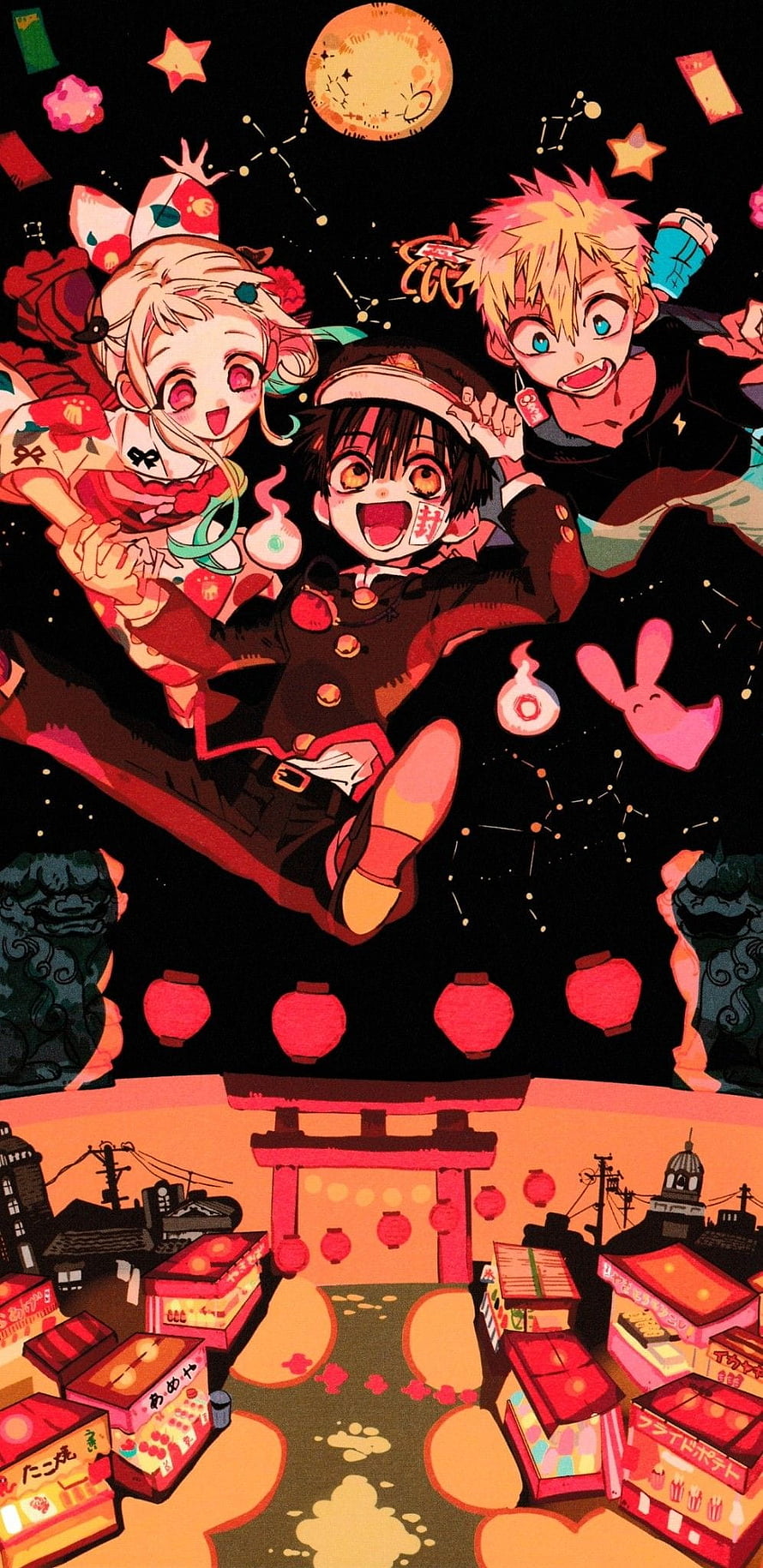 Hanako-kun, Nene, and Aoi Floating Above a Vibrant Japanese Night Market HD phone wallpaper