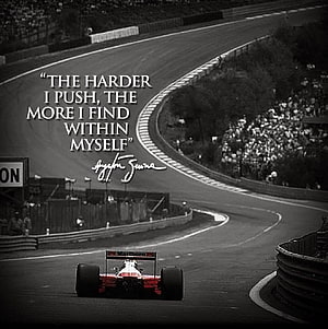 Ayrton Senna Formula 1 Racing Car on Track with Inspirational Quote HD phone wallpaper