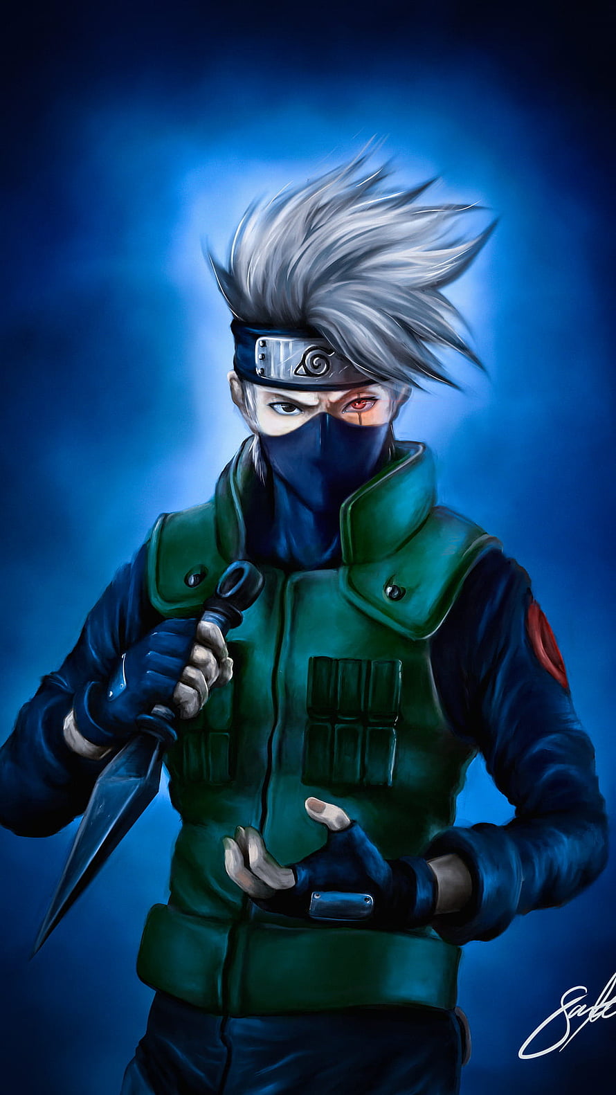 Kakashi Hatake digital art portrait with kunai and blue glowing background HD phone wallpaper