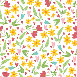 Cute Spring Floral Pattern with Yellow Daisies, Green Leaves, and Hearts on White Background HD phone wallpaper