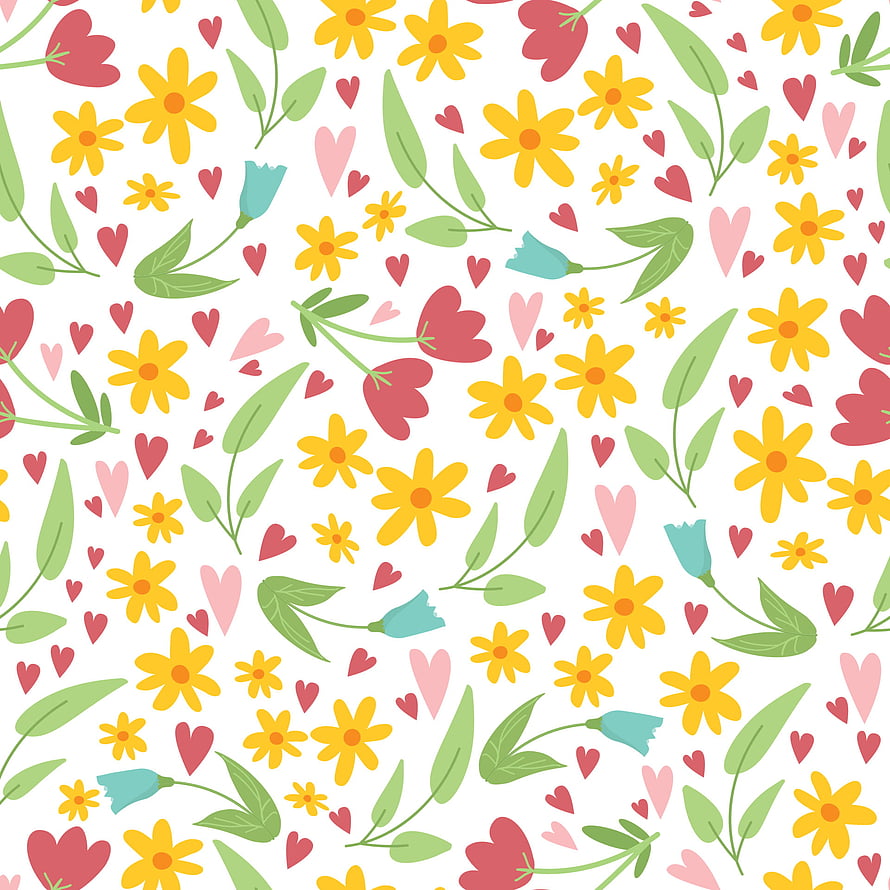 Cute Spring Floral Pattern with Yellow Daisies, Green Leaves, and Hearts on White Background HD phone wallpaper