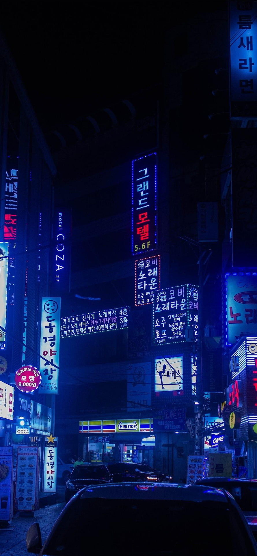 Dark Blue Neon City Street at Night with Korean Signs and Parked Cars HD phone wallpaper