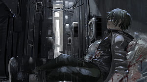 Lonely Anime Boy Sitting in a Dark Rainy Alley with Blood Stains HD wallpaper