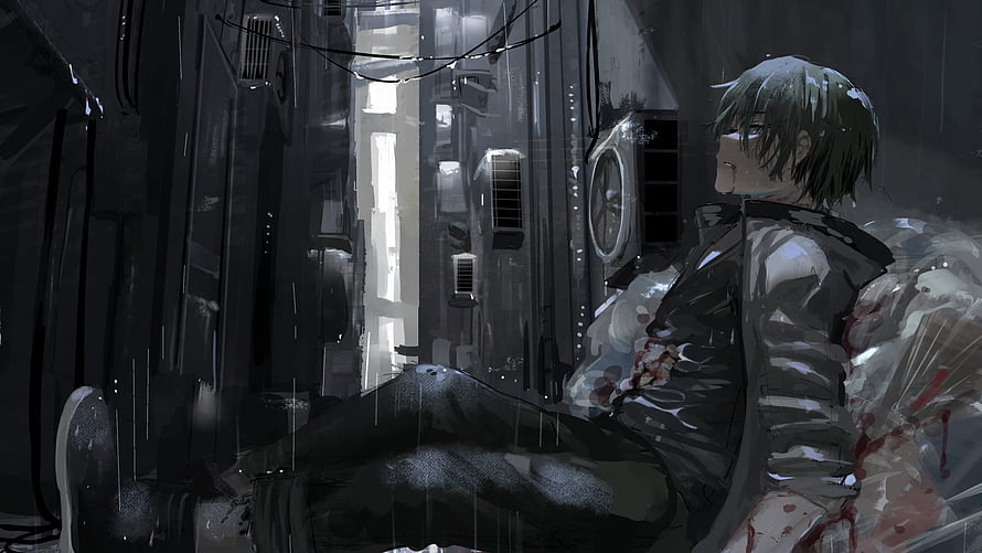 Lonely Anime Boy Sitting in a Dark Rainy Alley with Blood Stains HD wallpaper