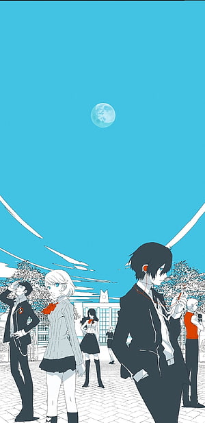 Persona 3 anime characters in school uniforms under a blue sky with a full moon HD phone wallpaper