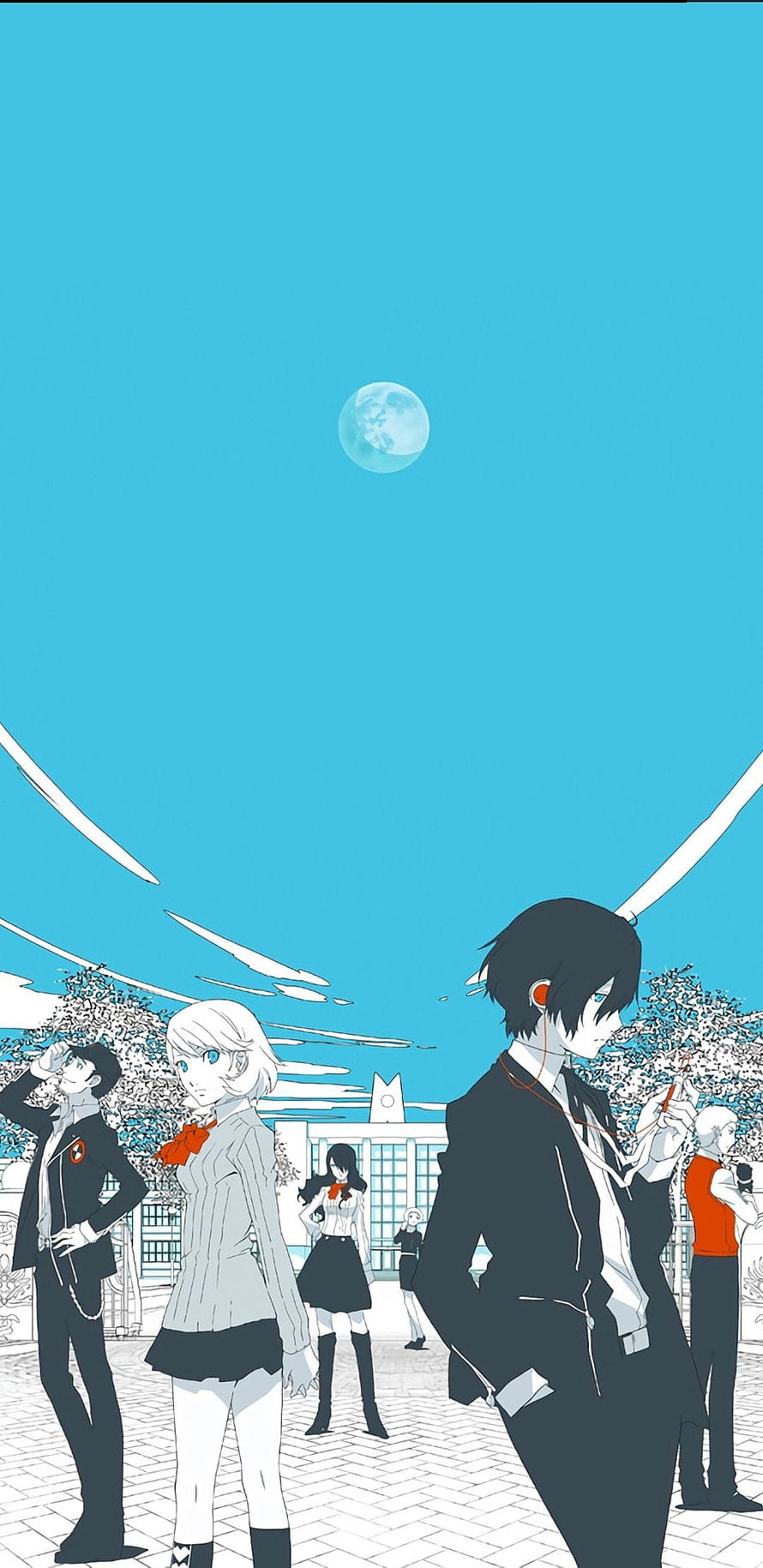 Persona 3 anime characters in school uniforms under a blue sky with a full moon HD phone wallpaper