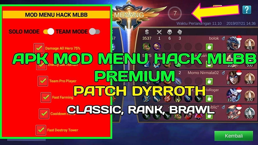 Mobile Legends Bang Bang Mod Menu Interface with Dyrroth Patch and Game Stats HD wallpaper