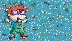 Rugrats Character Chuckie Finster in Retro 90s Aesthetic with Geometric Shapes and Confetti HD wallpaper
