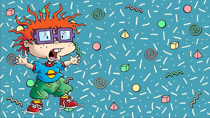 Rugrats Character Chuckie Finster in Retro 90s Aesthetic with Geometric Shapes and Confetti HD wallpaper