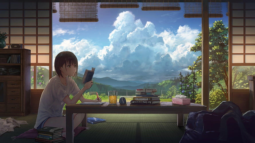 Anime Girl Reading a Book in a Traditional Japanese Room with a Scenic Mountain View HD wallpaper