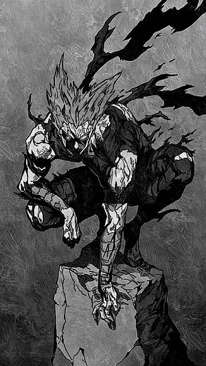 One Punch Man Garou Crouching on Rock in Black and White Ink Illustration, One Punch Man Garou, garou aesthetic one punch man HD phone wallpaper