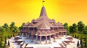Ayodhya Ram Temple Architectural Rendering with Golden Sky and Lush Gardens HD wallpaper