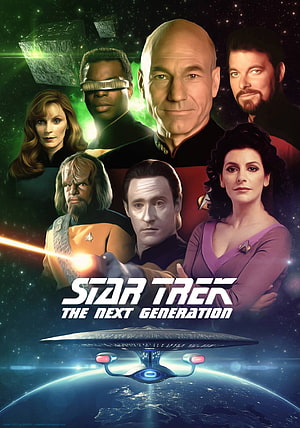 Star Trek The Next Generation Crew Portrait with Enterprise Ship Over Planet HD phone wallpaper