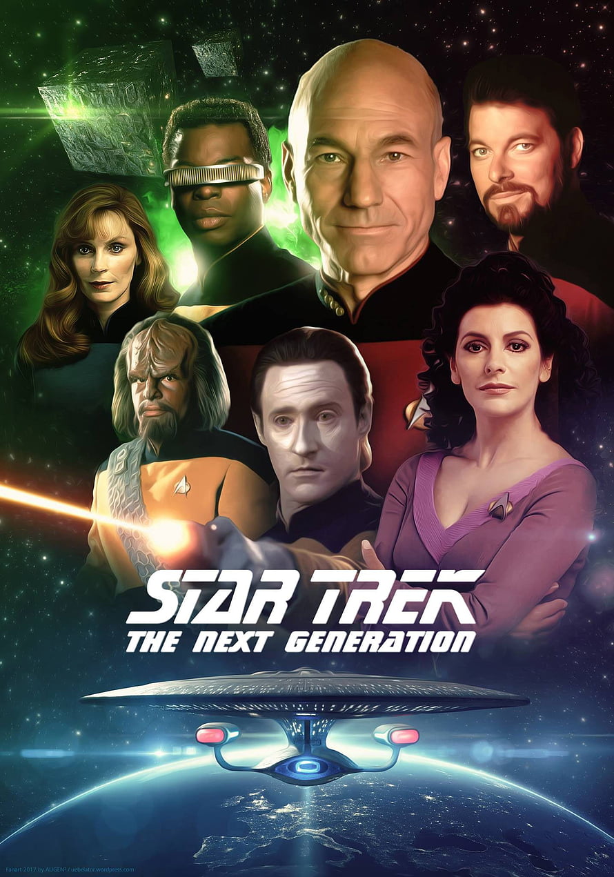 Star Trek The Next Generation Crew Portrait with Enterprise Ship Over Planet HD phone wallpaper