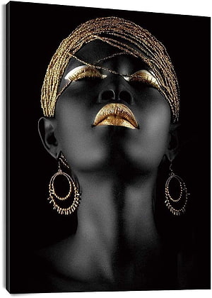Elegant Black Woman Portrait with Gold Beaded Headpiece and Hoop Earrings on Black Background, LB African Woman Framed Canvas Wall Art American Black Girl Golden Headdress Beauty Painting Canvas Wall Decor for Living Room Bedroom Bathroom Home Decor Ready to Hang,12x16 inch: Paintings HD phone wallpaper