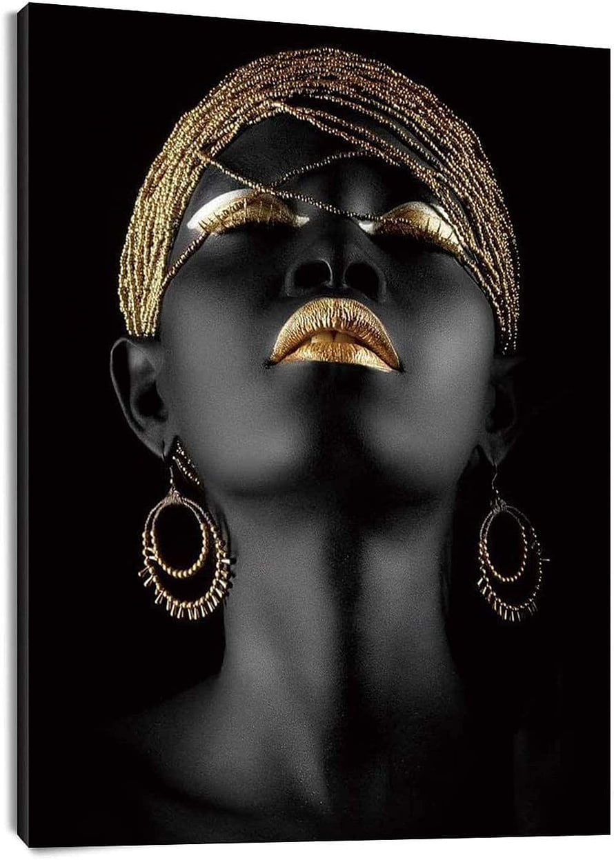Elegant Black Woman Portrait with Gold Beaded Headpiece and Hoop Earrings on Black Background, LB African Woman Framed Canvas Wall Art American Black Girl Golden Headdress Beauty Painting Canvas Wall Decor for Living Room Bedroom Bathroom Home Decor Ready to Hang,12x16 inch: Paintings HD phone wallpaper