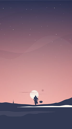Mandalorian Silhouette Walking Through Desert Dunes at Sunset with Starry Sky HD phone wallpaper