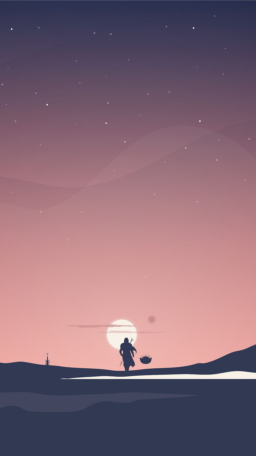 Mandalorian Silhouette Walking Through Desert Dunes at Sunset with Starry Sky HD phone wallpaper