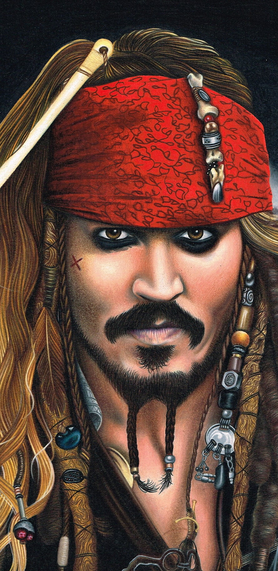 Captain Jack Sparrow Portrait with Red Bandana and Beaded Braids HD phone wallpaper