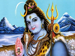 Lord Shiva with Trishul and Damaru in Himalayan Landscape HD wallpaper