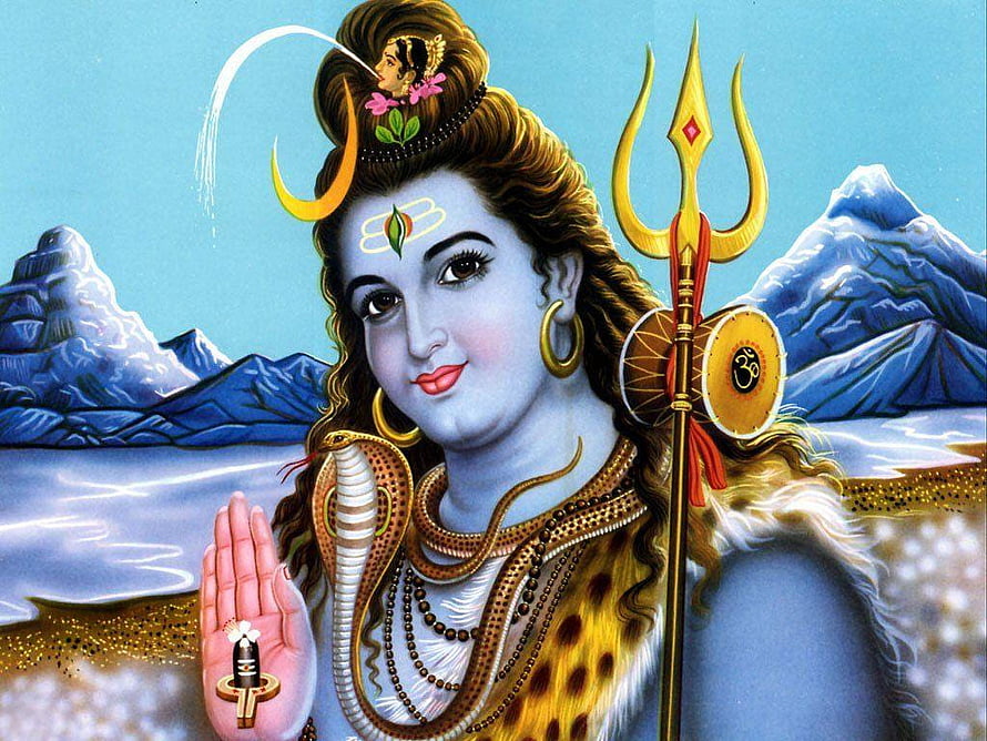 Lord Shiva with Trishul and Damaru in Himalayan Landscape HD wallpaper