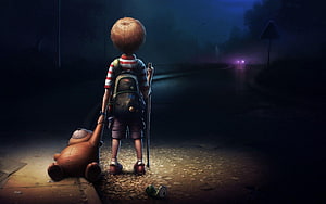 Lonely Boy with Teddy Bear Walking on Dark Road at Night HD wallpaper