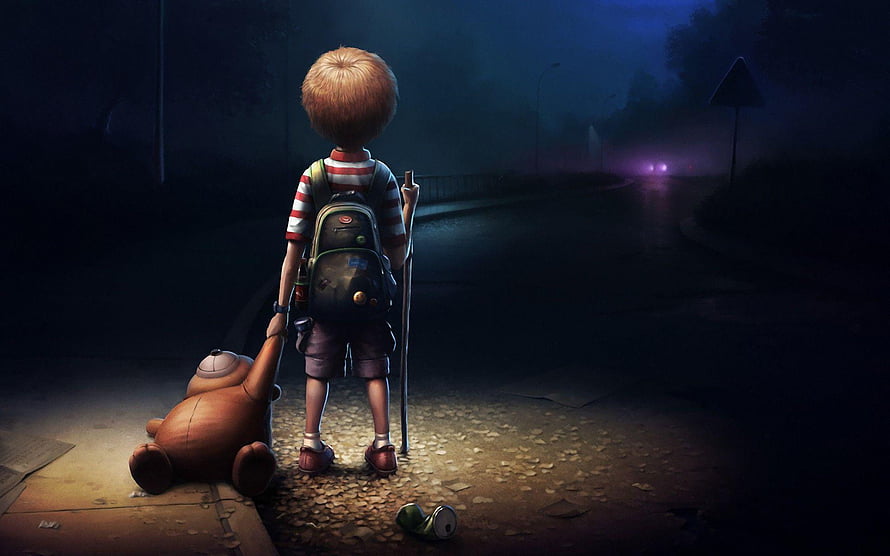 Lonely Boy with Teddy Bear Walking on Dark Road at Night HD wallpaper