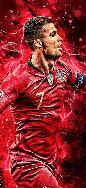 Cristiano Ronaldo in Portugal National Team Kit with Dramatic Red Lightning Background HD phone wallpaper
