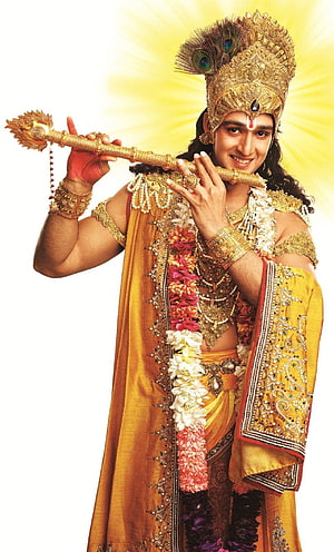 Saurabh Jain as Lord Krishna in Traditional Indian Attire with Flute and Peacock Crown HD phone wallpaper