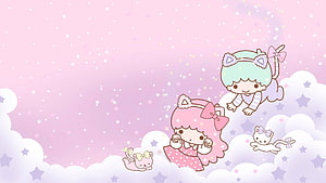 Sanrio Kawaii Characters Floating on Clouds with Kittens in Pastel Pink Sky HD wallpaper