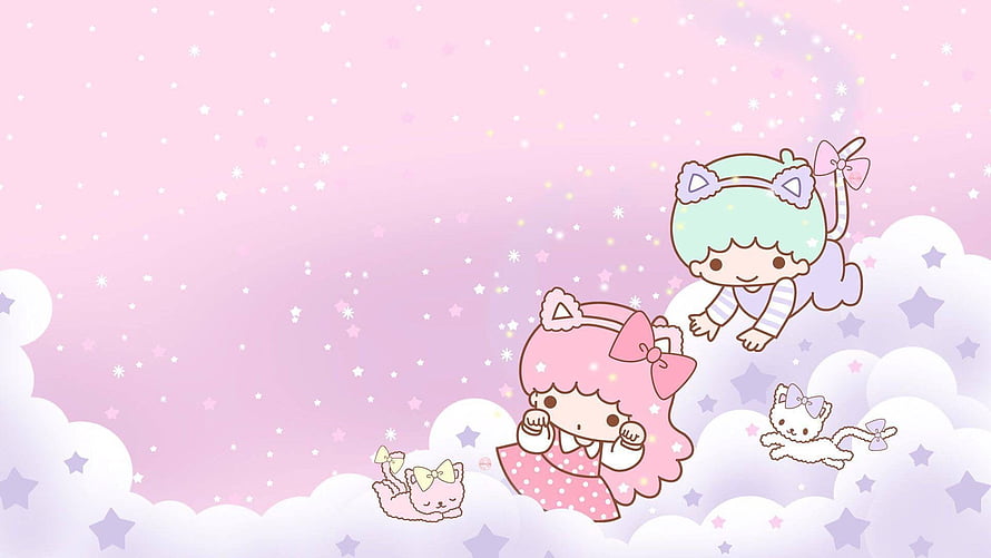 Sanrio Kawaii Characters Floating on Clouds with Kittens in Pastel Pink Sky HD wallpaper
