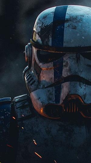 Star Wars Stormtrooper Commander Helmet Close-Up with Battle Damage and Sparks HD phone wallpaper