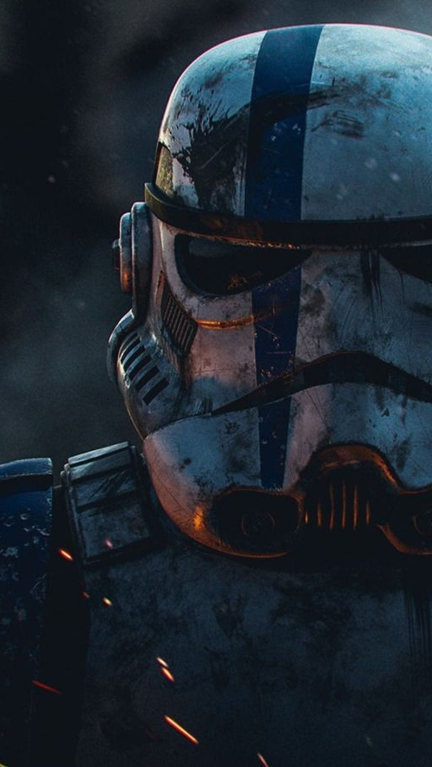 Star Wars Stormtrooper Commander Helmet Close-Up with Battle Damage and Sparks HD phone wallpaper