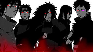 Uchiha Clan Members in Dark Anime Style with Red Sharingan Eyes HD wallpaper